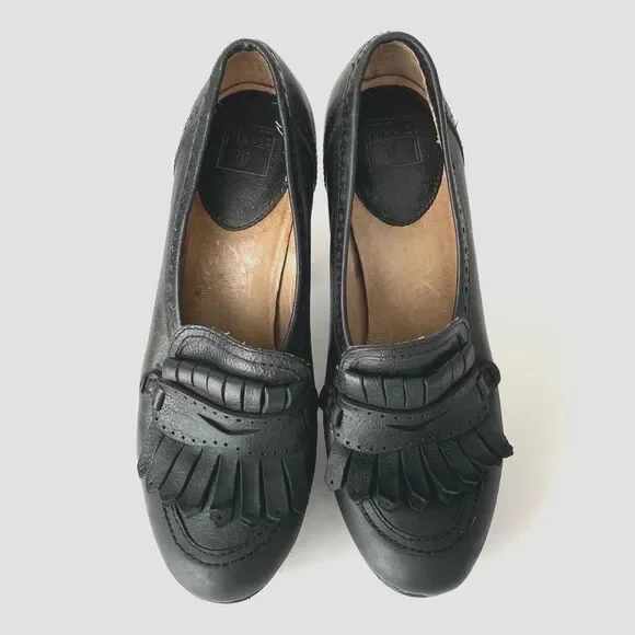 Frye Black Leather High Chunky Heeled Loafers Embossed Logo
sz 8 Academia Preppy - Picture 4 of 12